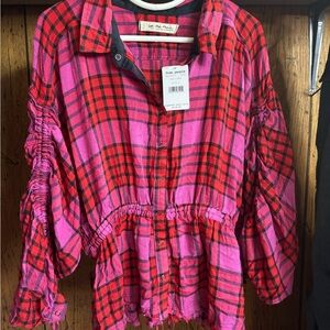 We The Free Red and Pink Plaid Button-Front Shirt